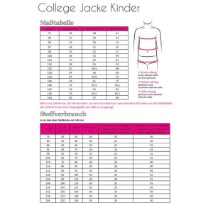 Schnittmuster - Papierschnittmuster | College Jacke | Kinder | Fadenkäfer vorderseite Rückseite und Maßtabelle